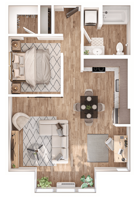 Floor plan for 1 bed, 1 bath, 705 sqft